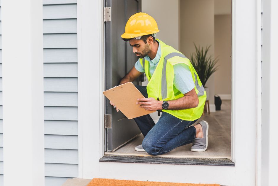 A home performance technician inspecting a house, the kind of visit that includes sealing a calibrated fan into a doorway to run a blower door test.